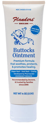 Flanders Buttocks Ointment tube front view showing diaper rash relief potential.