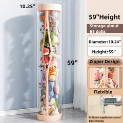 Flarelyare 60-inch tall clear tube highlights plush display while saving floor space.