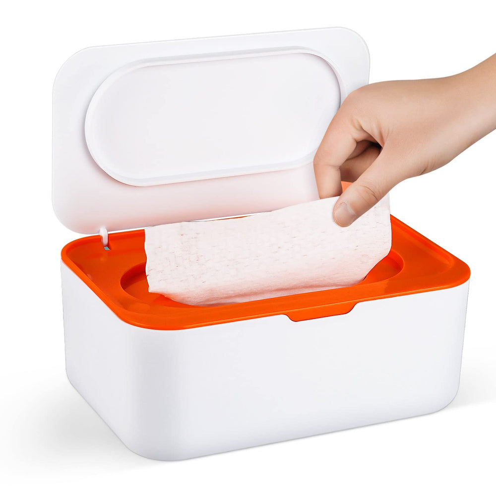 Flenpptly baby wipes dispenser front view in orange, quick, non-slip access.