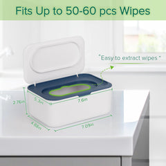 Flenpptly blue wipes dispenser enables one-handed use during care.