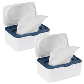 Flenpptly blue wipes dispenser with open lid for quick access.