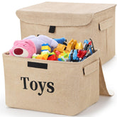 FLINKYE toy storage baskets in burlap material for breathable, light toy organization.