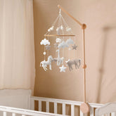 Flora & Ivy Safari Mobile for Crib Giraffe detail showcases neutral tones and hand stitching