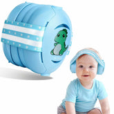 Floriogra baby earmuffs blue front view, 26dB noise reduction for calmer travel and naps.
