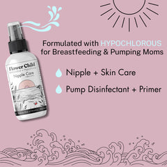 Flower Child nipple care application image highlighting hypochlorous spray soothing sensitive skin.