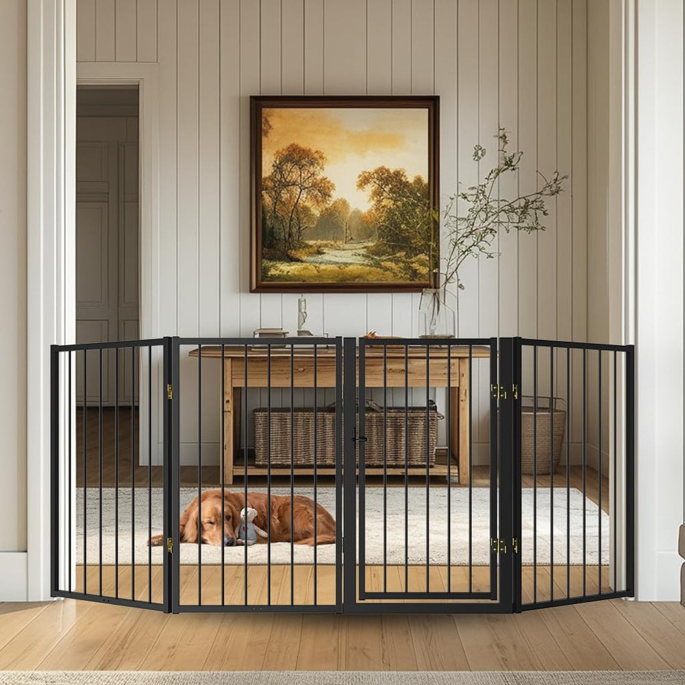 Flower Frail free-standing dog gate door-closed shows doorway control with sturdy metal design.