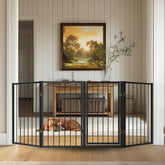 Flower Frail free-standing dog gate door-closed shows doorway control with sturdy metal design.
