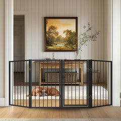 Flower Frail free-standing dog gate door-closed shows doorway control with sturdy metal design.