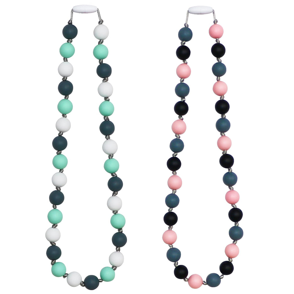 Flyaway chew necklaces displaying safe material, soft silicone beads for sensory comfort and focus.