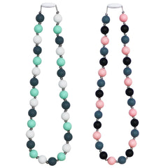 Flyaway chew necklaces displaying safe material, soft silicone beads for sensory comfort and focus.