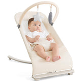 FlyBoss 3-in-1 baby bouncer assembled in oatmeal khaki supports newborn to toddler use.