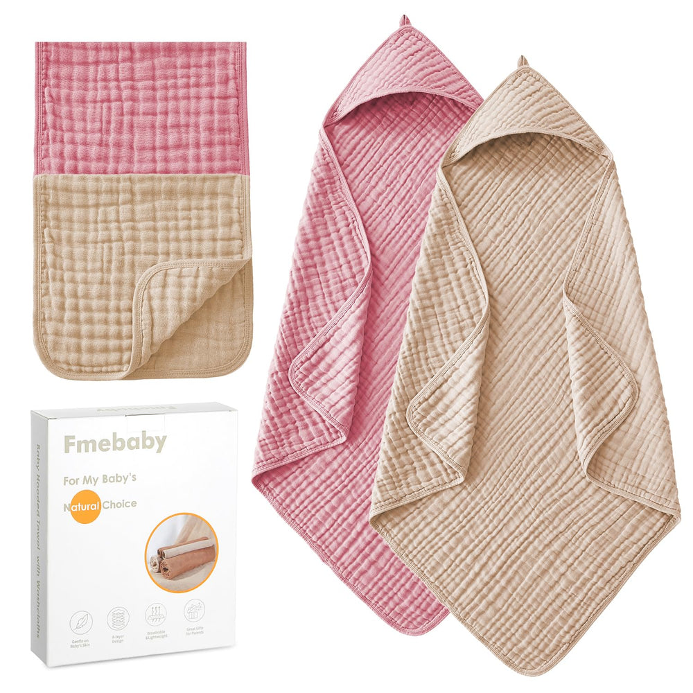 Fmebaby hooded towel pink apricot folded, highlighting soft muslin texture for gentle bath time