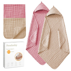 Fmebaby hooded towel pink apricot folded, highlighting soft muslin texture for gentle bath time