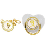 Focket pacifier clip with gold rhinestone initial A secures pacifier stylishly for baby girl