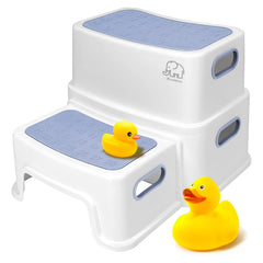 Forbena Kids Step Stool White Blue front view shows sturdy potty training readiness and grip.