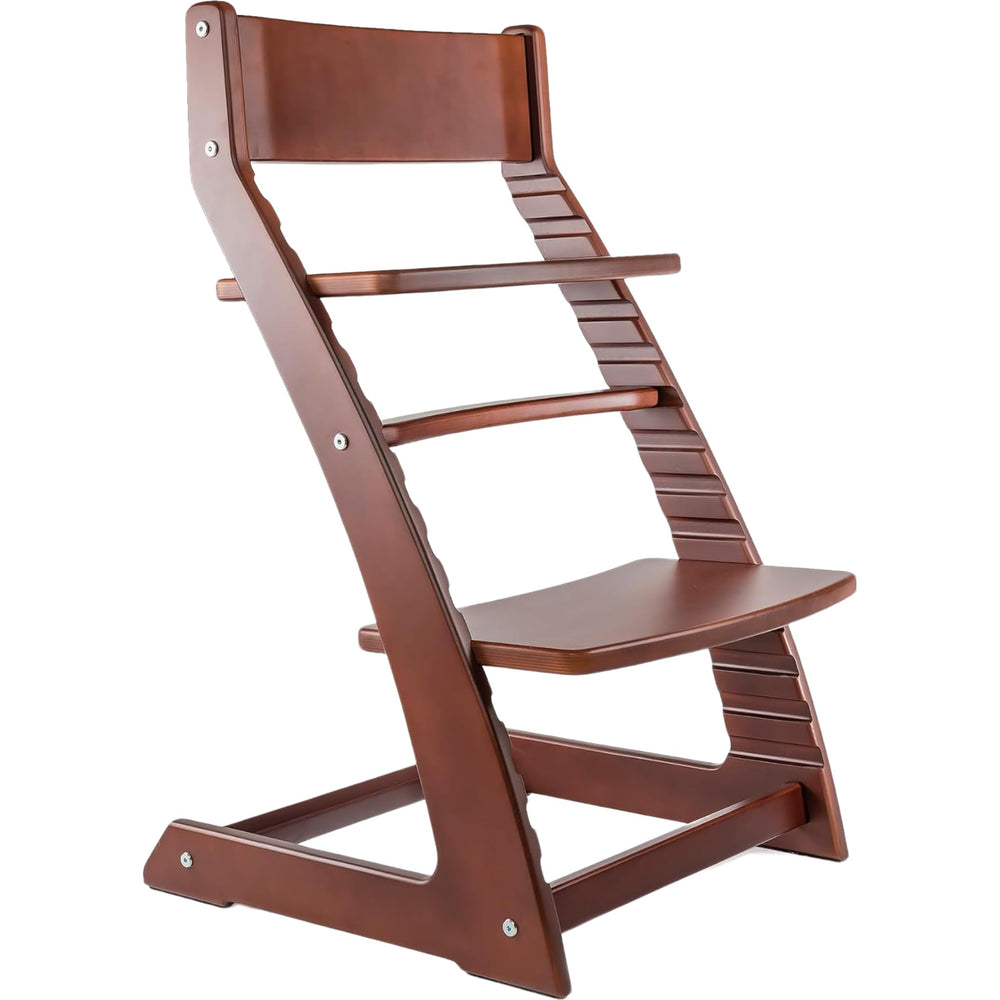 Fornel adjustable high chair in dark walnut front view showing elegant dining-room integration.