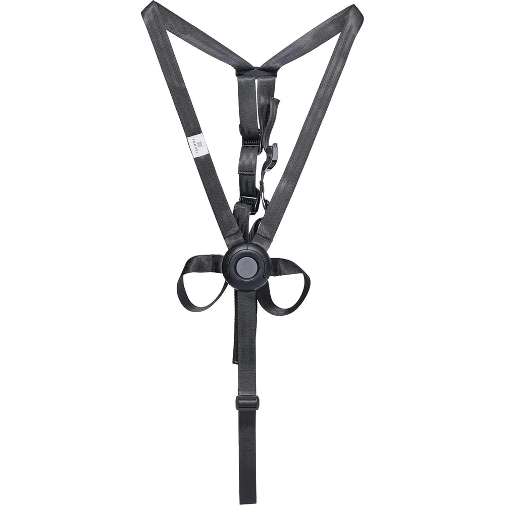 Fornel 5-point high chair harness on chair supports secure mealtime seating.