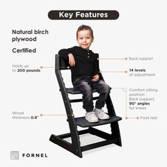 Fornel Modern Black High Chair footrest demonstrates ergonomic height and posture support