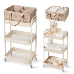 Fortella Baby Diaper Caddy three-tier rolling cart for organized nursery storage of diapers and bottles.