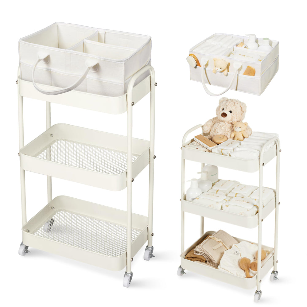 Fortella baby diaper caddy three-tier keeps diapers and wipes neatly accessible.