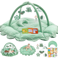 Foryoomi 5-in-1 play gym in sage green supports tummy time exploration