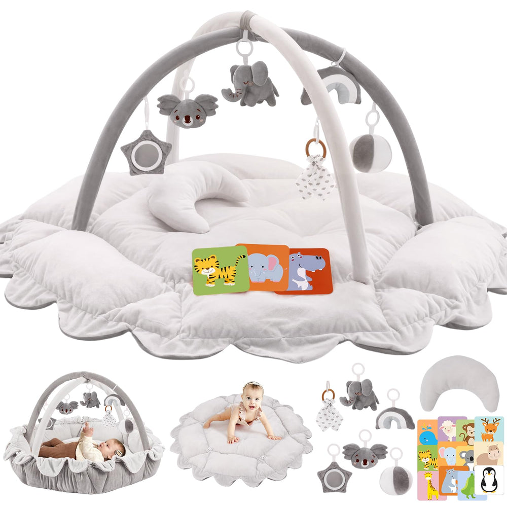 Foryoomi 5-in-1 plush baby play gym setup offering versatile play space for newborns.