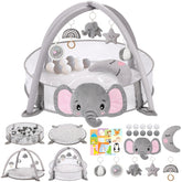 Foryoomi 7-in-1 XL play gym mat with toys supports motor skills during tummy time.