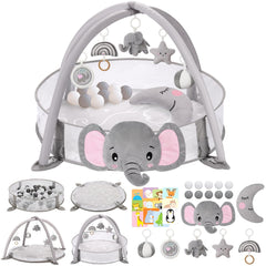 Foryoomi 7-in-1 XL play gym mat with toys supports motor skills during tummy time.