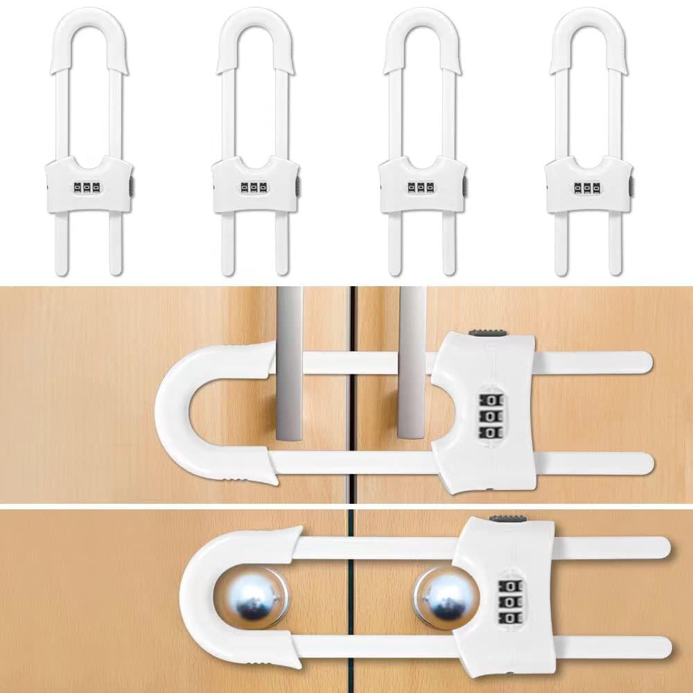 The 4-pack u-shaped sliding cabinet locks on a kitchen cabinet demonstrate child safety.