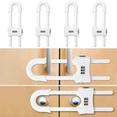 The 4-pack u-shaped sliding cabinet locks on a kitchen cabinet demonstrate child safety.