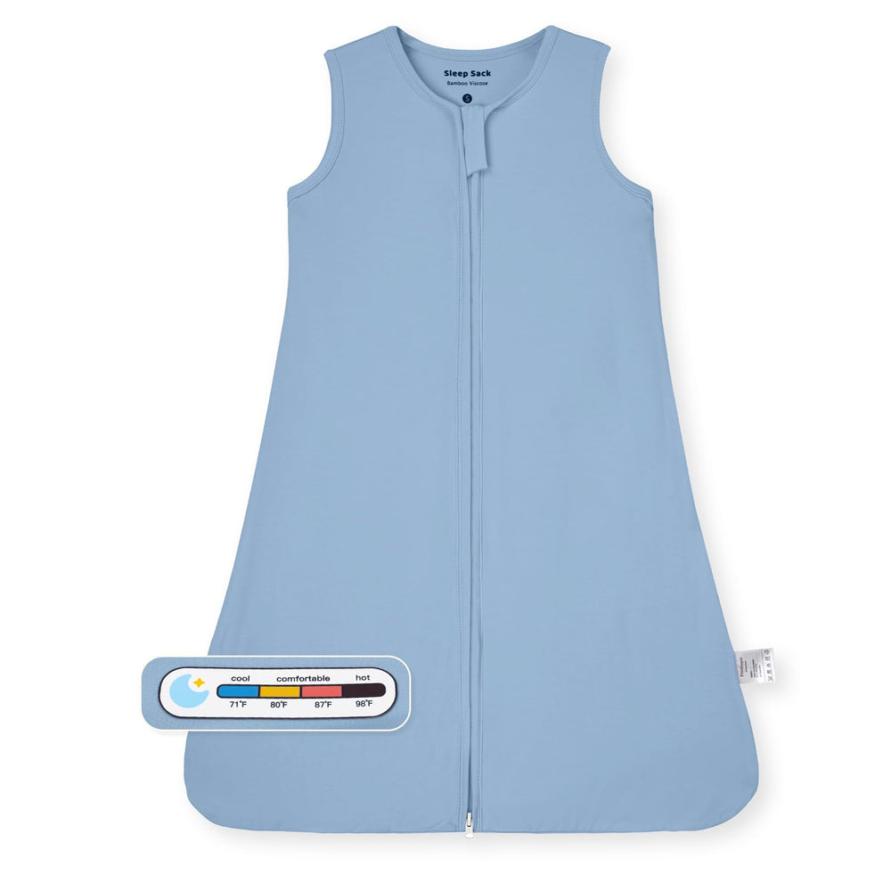 Freelooper baby sleep sack in blue shows soft bamboo-viscose fabric for breathable sleep.