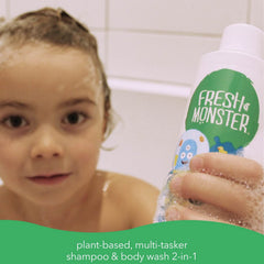Fresh Monster kids-bath-time-smile shows tear-free lather for sensitive skin during washing.
