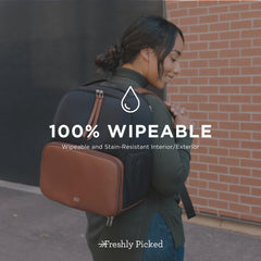 Freshly Picked breast pump backpack wipeable neoprene exterior enables easy cleanup after outings.