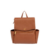 Freshly Picked Mini Classic diaper bag backpack in cognac, front view with organizer-ready vegan leather