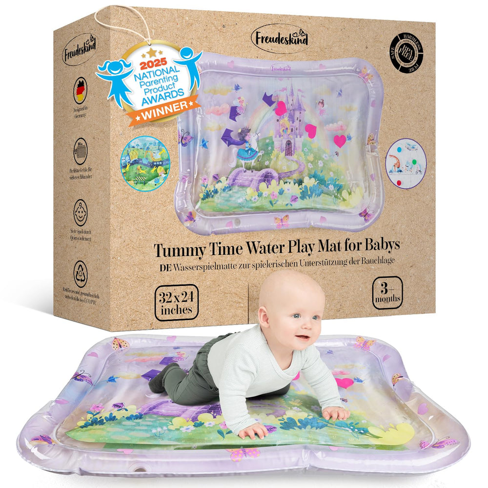 Freudeskind premium water play mat XXL pink tummy time demonstrates safe sensory exploration.