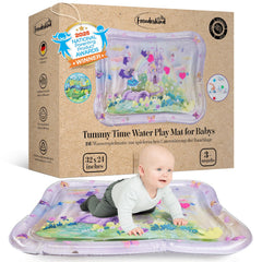 Freudeskind premium water play mat XXL pink tummy time demonstrates safe sensory exploration.
