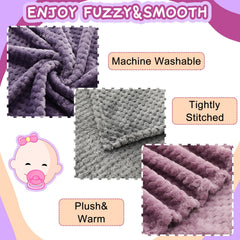 Frienda baby blanket 32x24 purple laid on sofa for cuddle time and extra warmth.