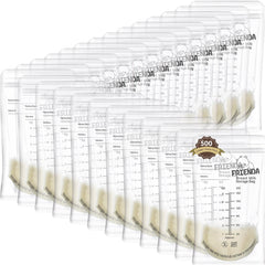 Frienda breastmilk bags show 6 oz size for easy freezer stacking and transport.