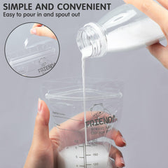 Frienda breastmilk bags' upright bottom support helps them stand steadily on shelves.