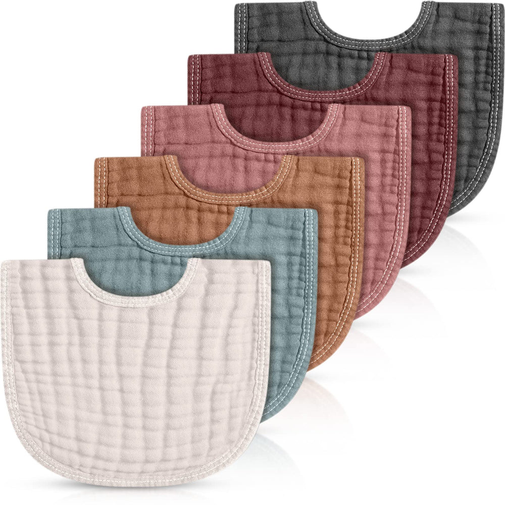 Frienda muslin bibs 6-pack flatlay in colorful tones for easy mealtime cleanup.