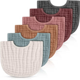 Frienda muslin bibs 6-pack flatlay in colorful tones for easy mealtime cleanup.
