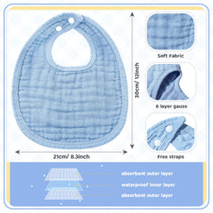 Frienda muslin bibs blue series worn on baby highlights absorbent layers for drool and spills