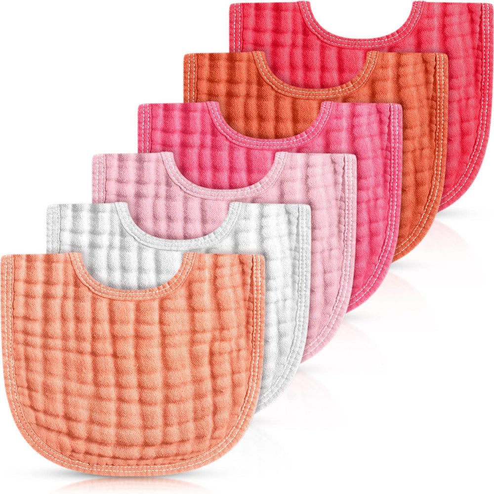 Frienda pink-series muslin bibs six-pack showing soft cotton for baby's comfort.