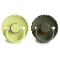 FRIGG rope latex pacifier side view showing outward curve protecting skin.