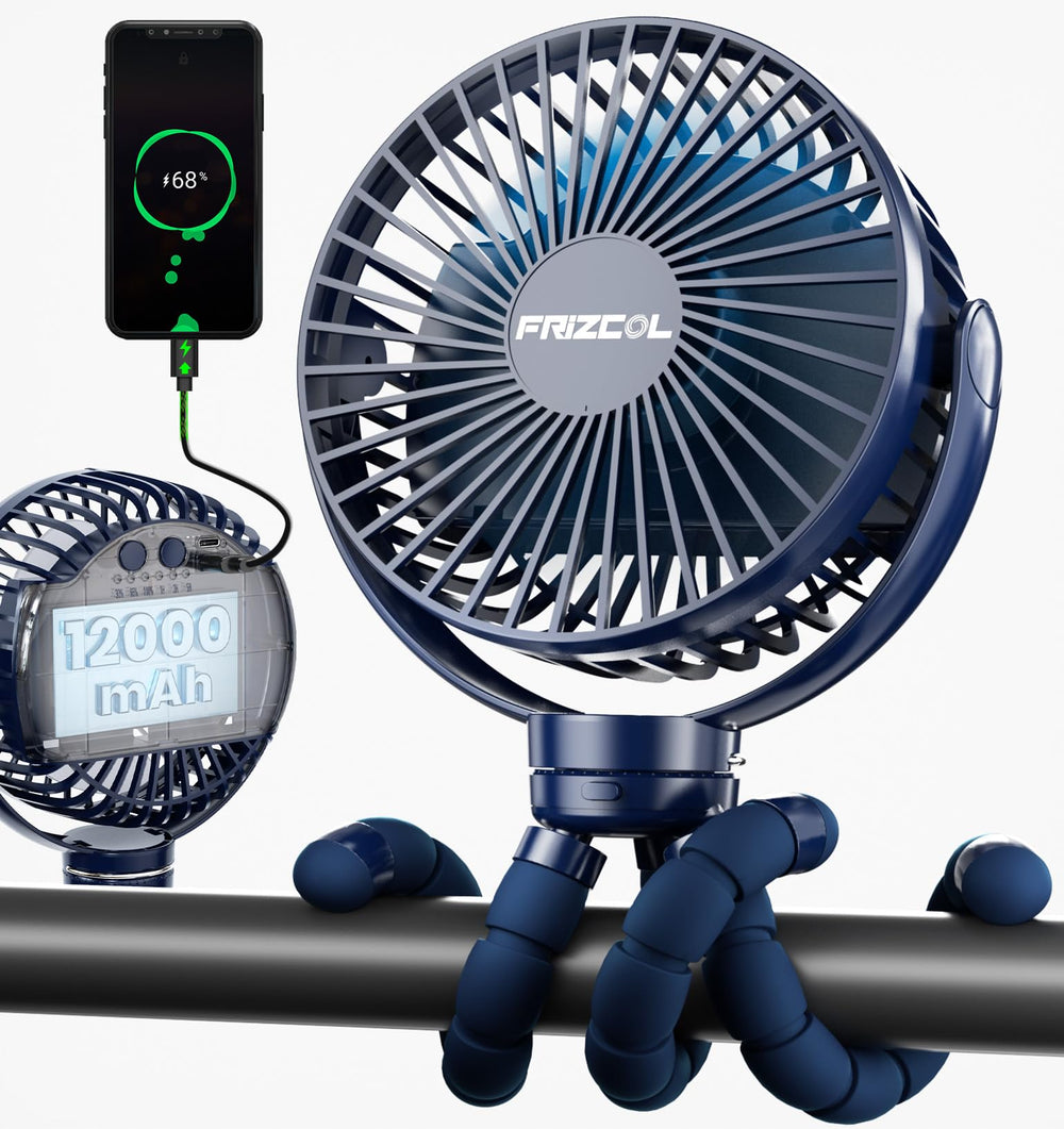 FRIZCOL 12000mAh portable stroller fan front view cools baby on the go.