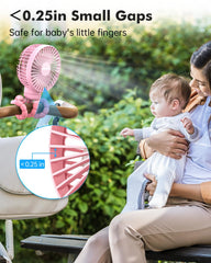 FRIZCOL stroller fan pink mounted on a stroller for hands-free cooling
