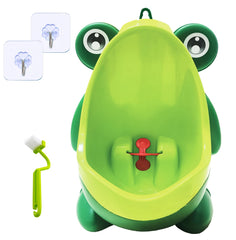 Frog Pee Training shows green Froggy shape urinal ideal for toddler potty practice and aim training