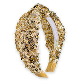 FROG SAC sequin knot headband in gold front view keeps hair out of face with sparkle.
