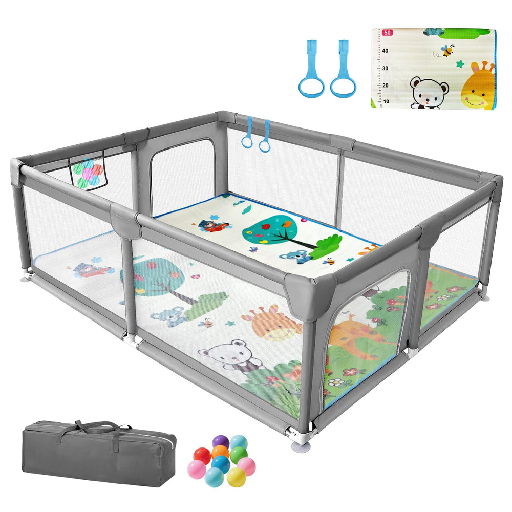 FRTUI 75x59in baby playpen assembly showing quick setup for playtime
