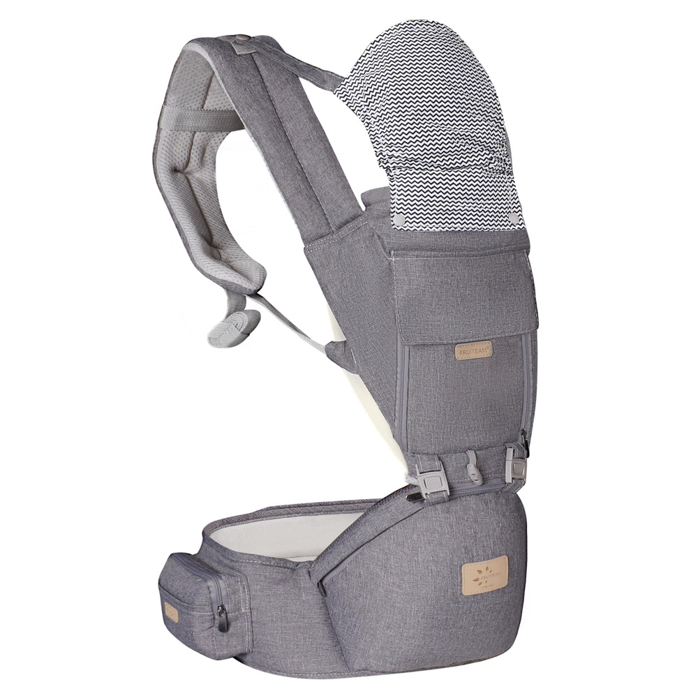 FRUITEAM 6-in-1 carrier greyish with hip seat for versatile infant-to-toddler carry.